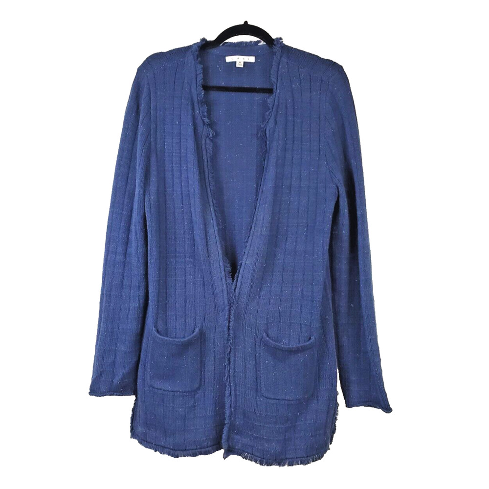 Cabi Womens Medium Navy Blue Speckled Duchess Cardigan Long Fringe Hems Pockets